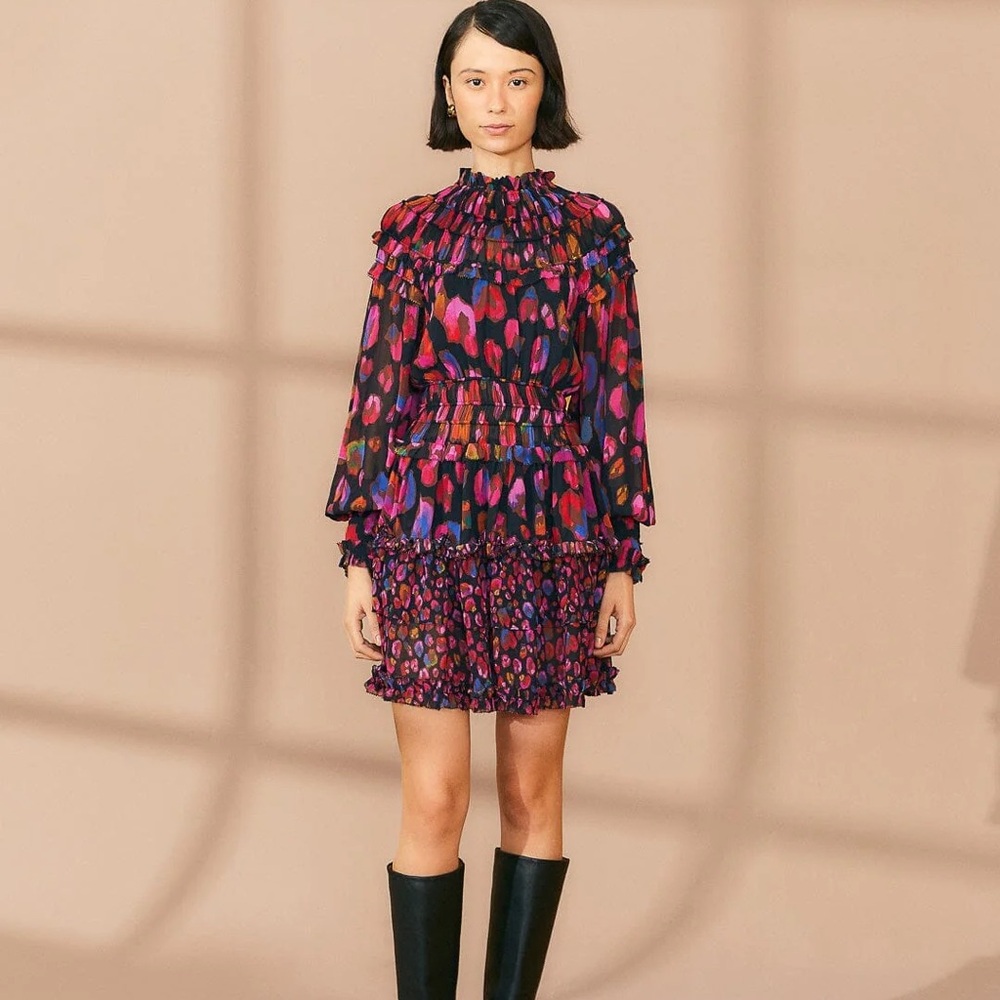 FARM Rio Pink and Black Leopards Ruffled Mini Dress